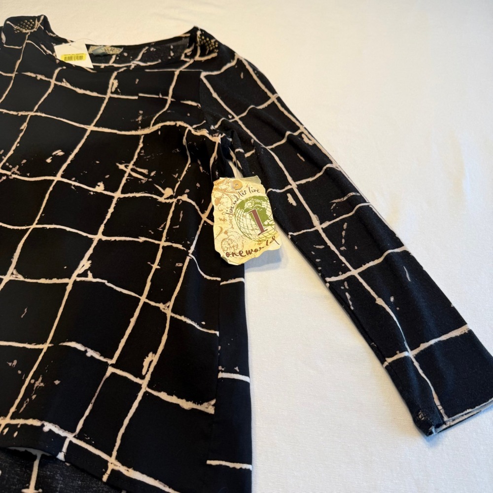 OneWorld Black Grid Print Hi-Low Long‎ Sleeve Top | PM | NWT - Picture 5 of 14
